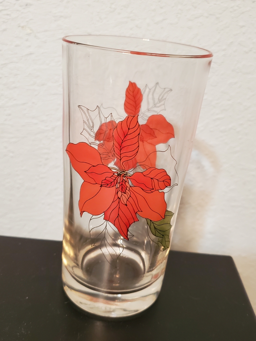 Vintage Crisal Portugal Clear Glass Tumbler with Red Poinsettia Design